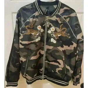 Elli White Camo Bomber Satin Jacket With Embroidered Tigers Size M/L